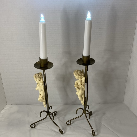 Candle Holders Metal Vintage Resin Cherub Angels Musical Instrument Set of 2 - Picture 8 of 10
